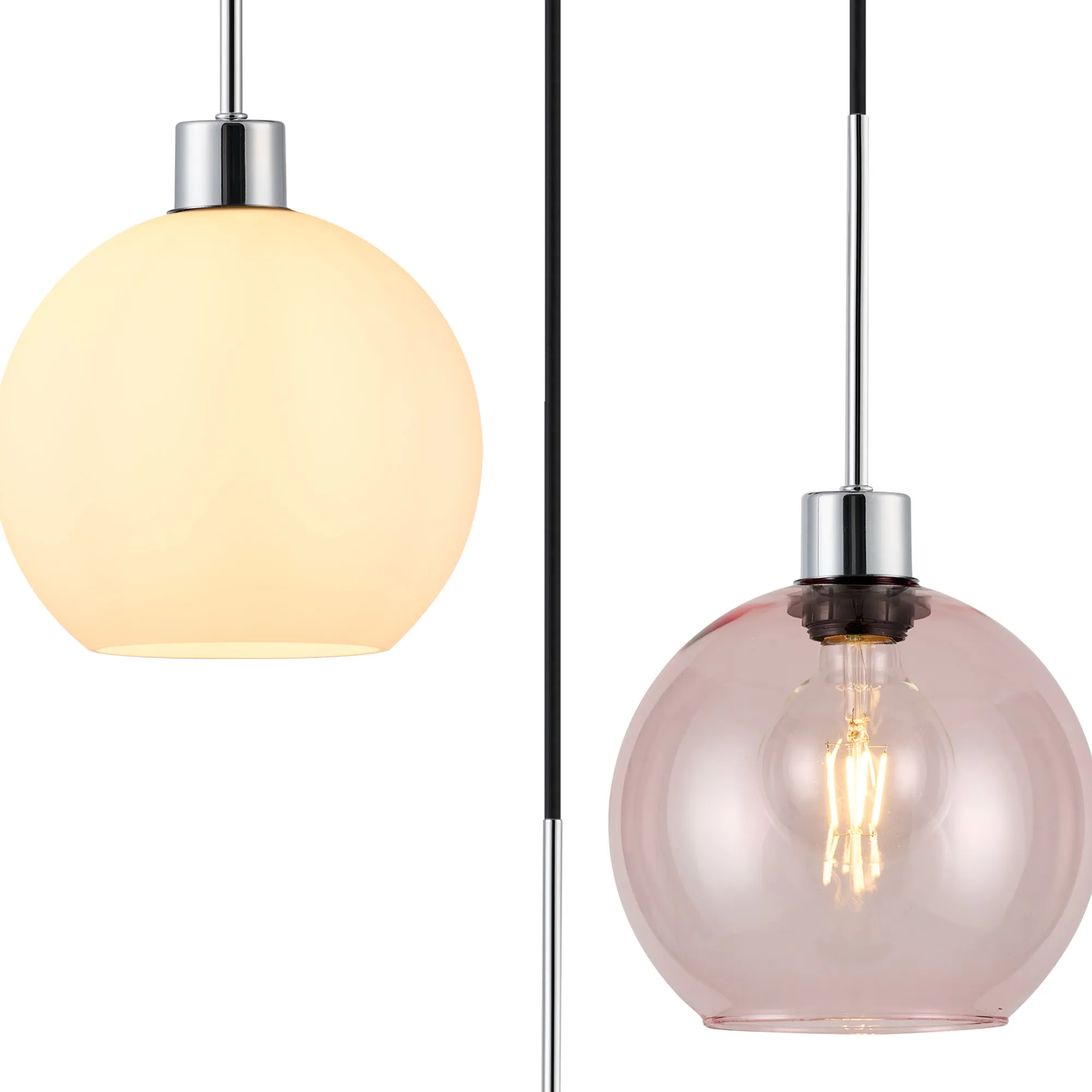Lori 40cm Round Pendant, 3 Light Adjustable E27, Polished Chrome/Opal/Pink Open Mouth Round Globe Shades DK1275  Deco Lori Polished Chrome
